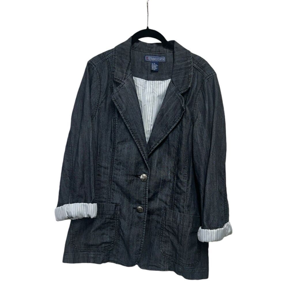 Baccini Denim Jean Jacket Size Large Rolled Sleeves Pockets Lined Blue Strip‎